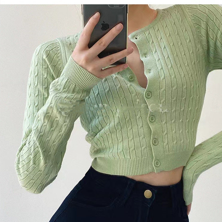 Women's Single-breasted Twist Knitted Cardigan Round Neck Sweater