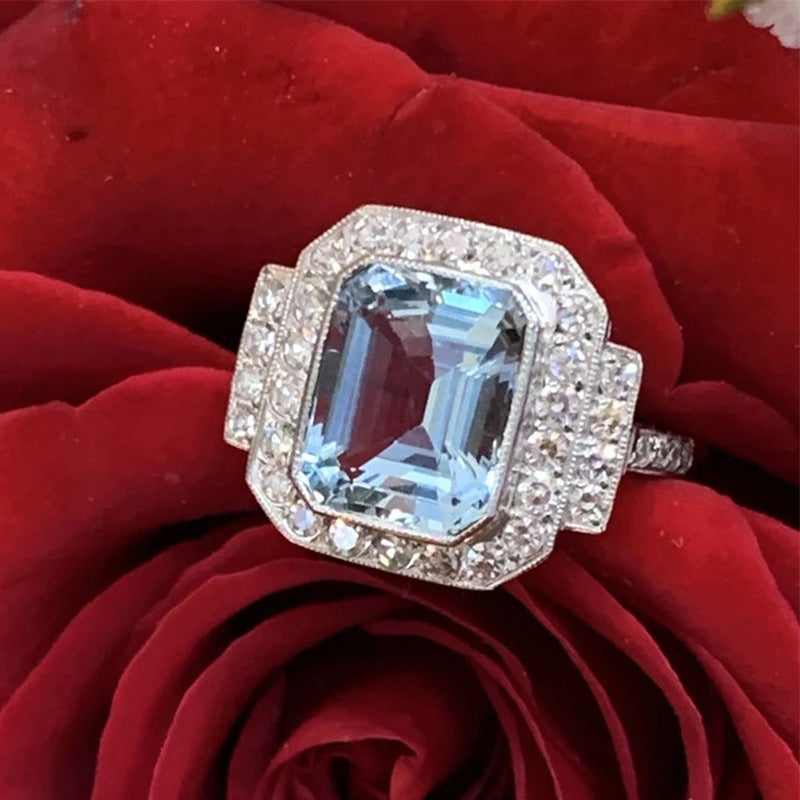 Luxury Square Sea Blue Zircon Ring For High-end Anniversary Celebration