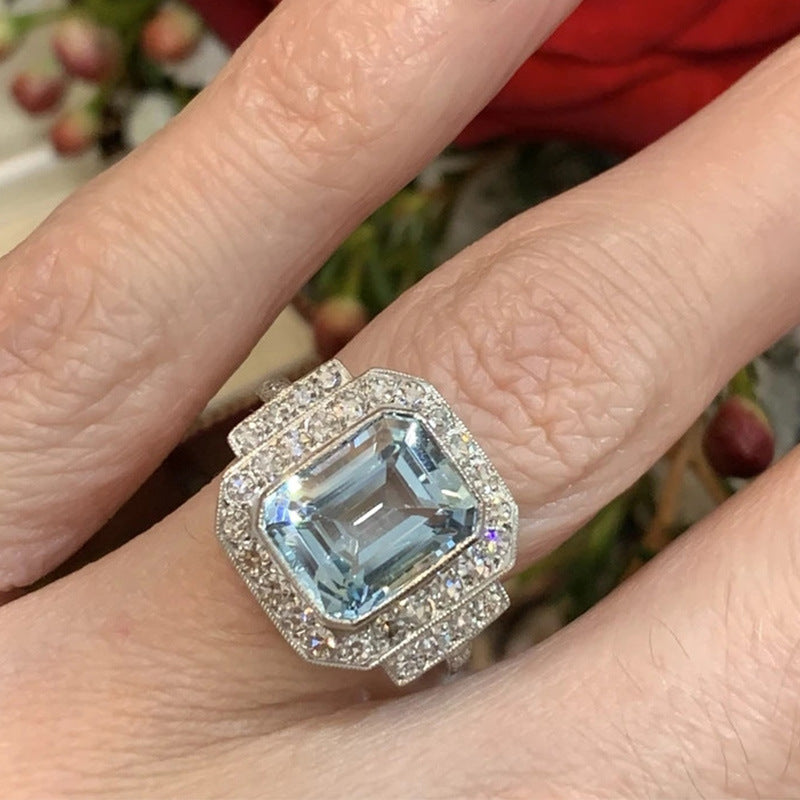 Luxury Square Sea Blue Zircon Ring For High-end Anniversary Celebration