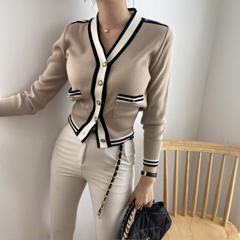 V-neck Stitching Metal Button Long Sleeve Knitted Cardigan Sweater