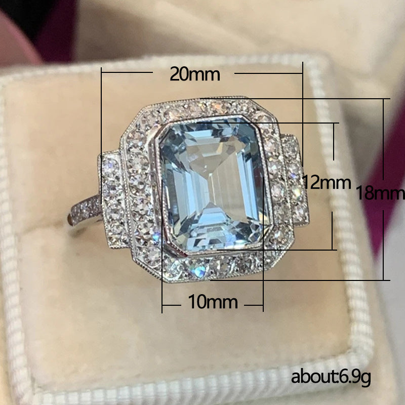 Luxury Square Sea Blue Zircon Ring For High-end Anniversary Celebration